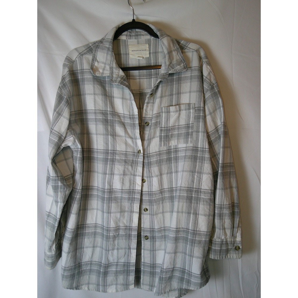 Aeropostale Womens Plaid Flannel Long Sleeve Button Up Shirt White Gray Top M